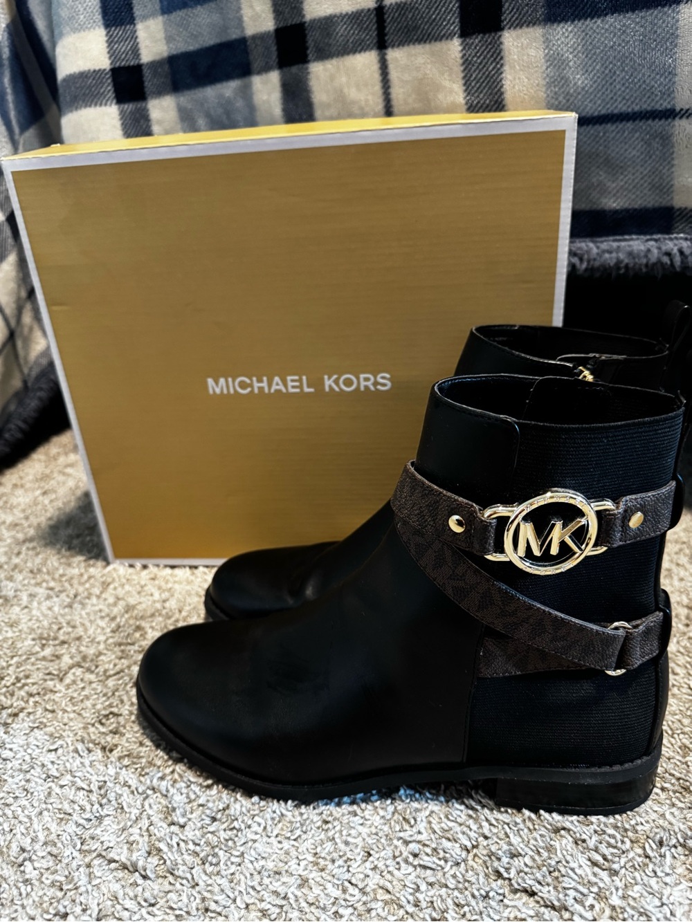 Michael Kors Black Leather & Brown Logo Strap Ankle Boots